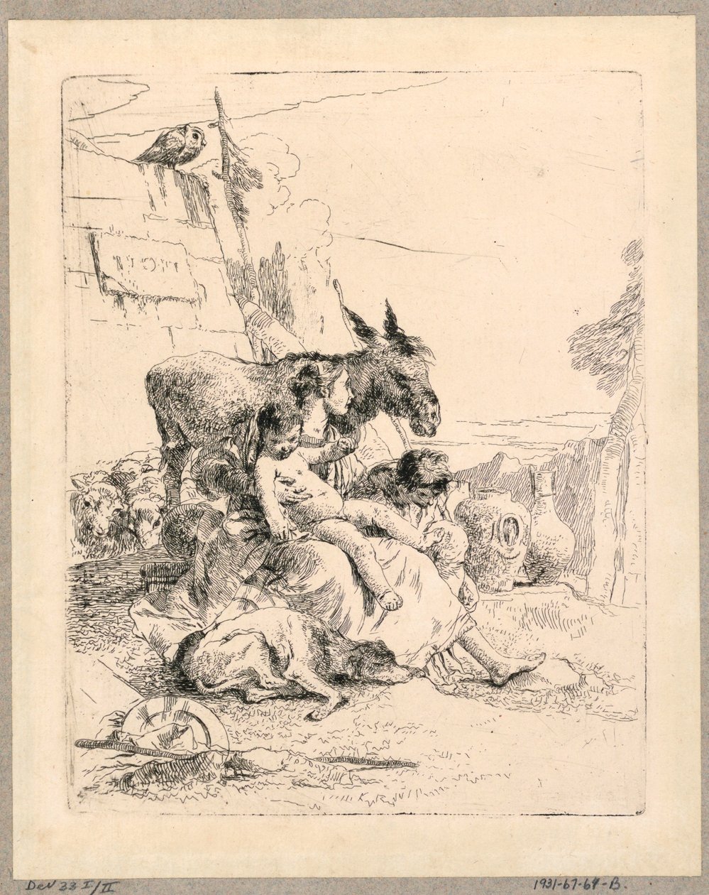 Woman with Two Children and a Donkey, plate 21 from the Scherzi di Fantasia by Giovanni Battista Tiepolo