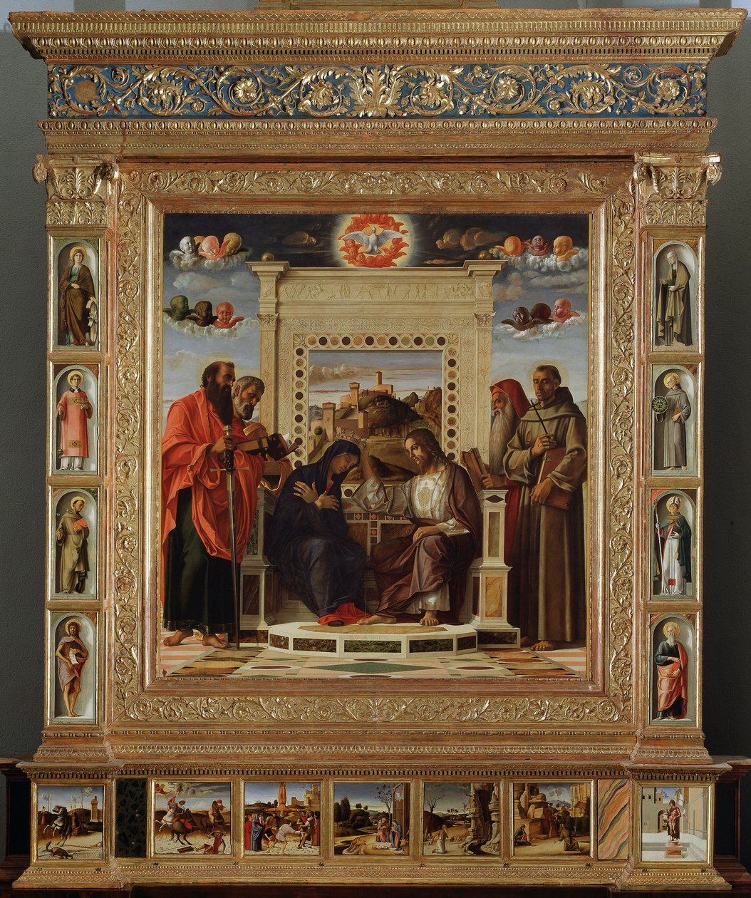 Altarpiece Bellini: central part “Coronation of the Virgin between Saint Peter and Saint Paul (left) and Saint Jerome and Saint Francis of Assisi (right)” Oil painting by Giovanni Bellini by Giovanni Bellini