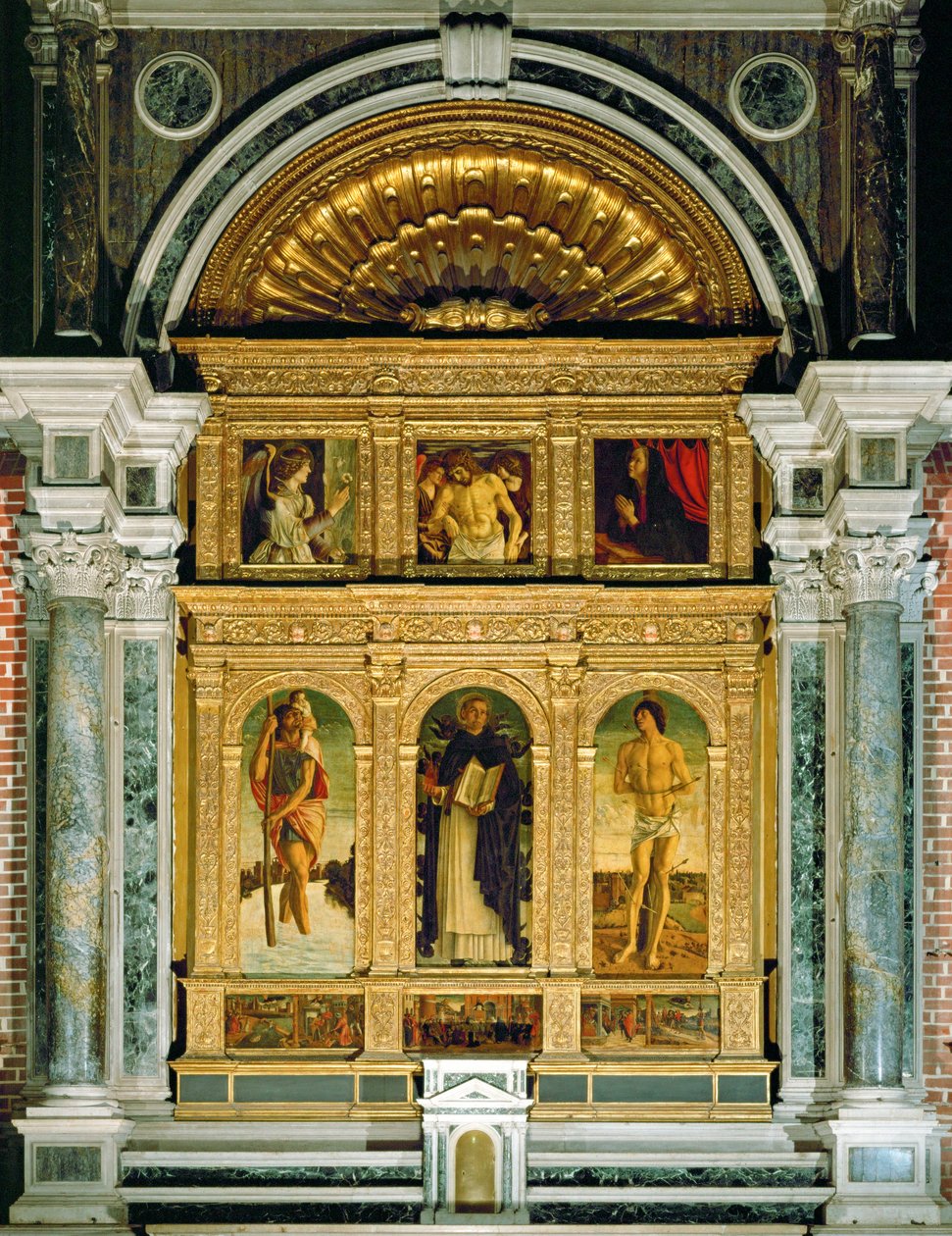 Annunciation and Pieta, Saint Christopher, Saint Dominic and Saint Sebastian, Predella: Miracles of Saint Vincenzo Ferreri by Giovanni Bellini