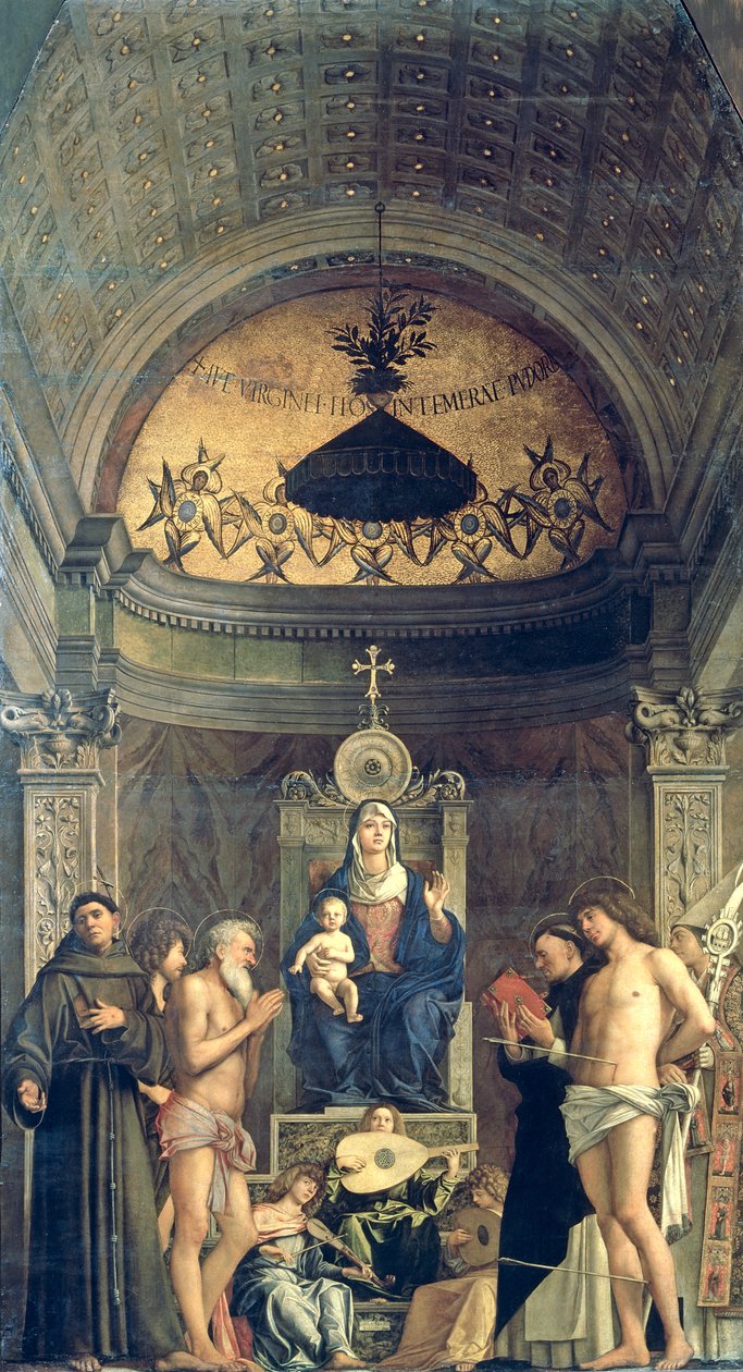 Madonna and Child Enthroned between SS. Francis, John the Baptist, Job, Dominic, Sebastian and Louis (the San Giobbe Altarpiece) by Giovanni Bellini