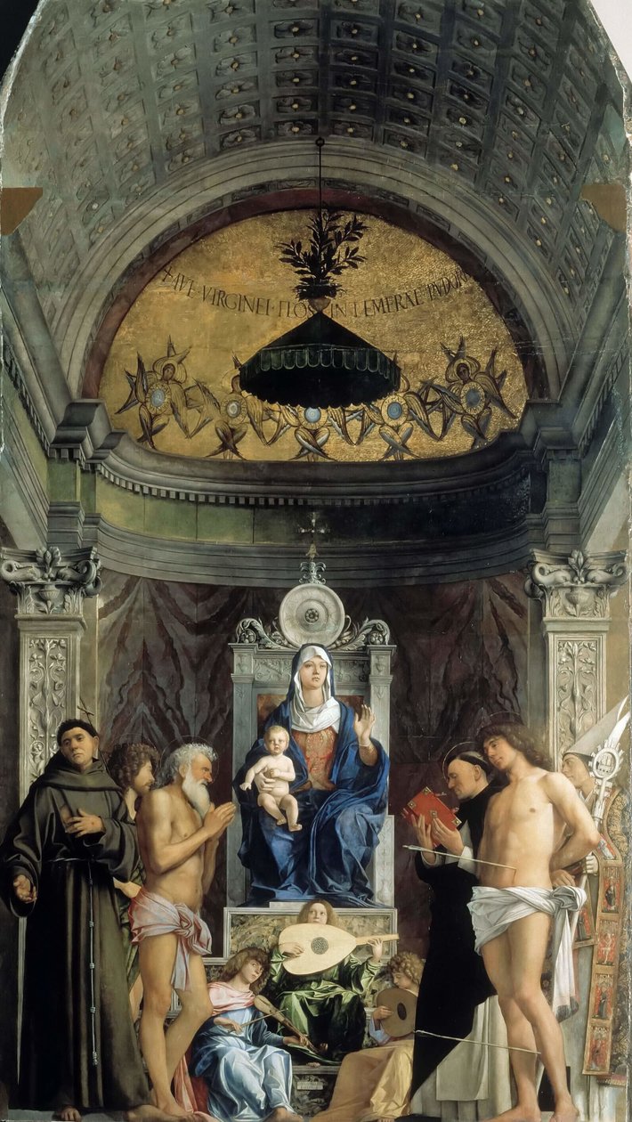 Madonna and Child, Musical Angels and the Saints Francis, John the Baptist, Job, Dominic..., ca. 1487 by Giovanni Bellini