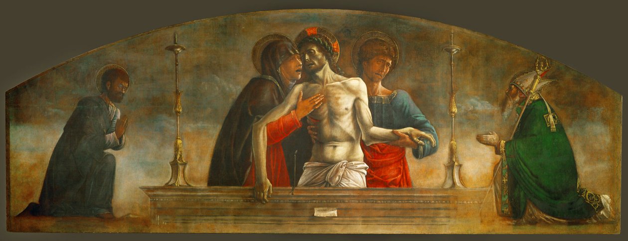 The Dead Christ, Supported by Saint Mary, Saint John Apostle and Saints Mark and Nicholas by Giovanni Bellini