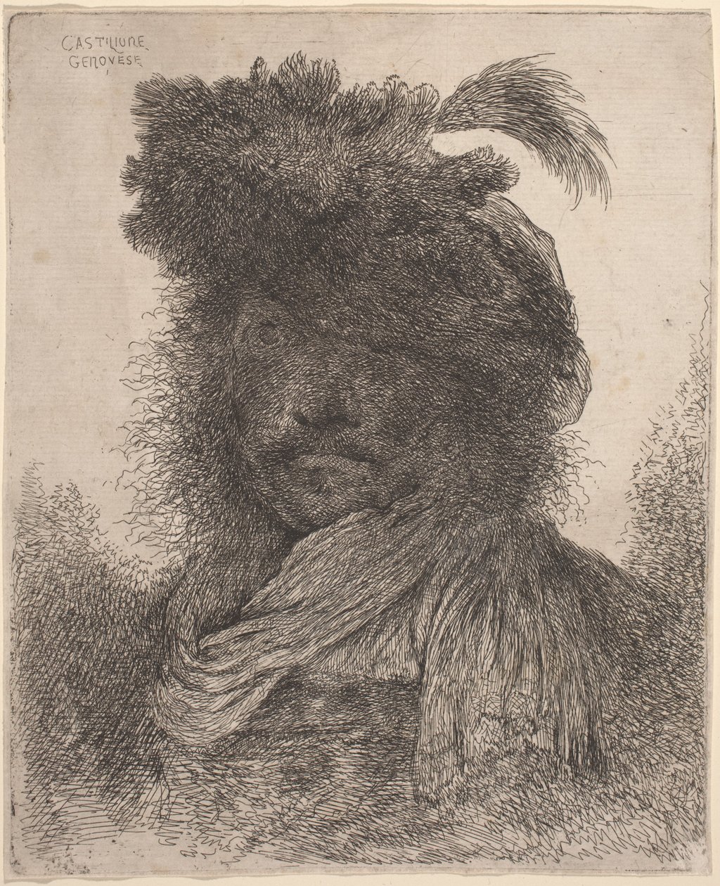 Bearded Man with Shadowed Face, Wearing a Scarf and a Plumed Hat by Giovanni Benedetto Castiglione