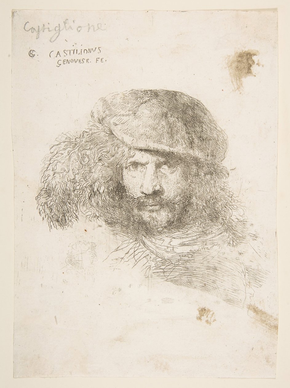 Head of a man wearing a feathered cap possibly Bernini, possibly a self portrait, ca. 1645-1650 by Giovanni Benedetto Castiglione