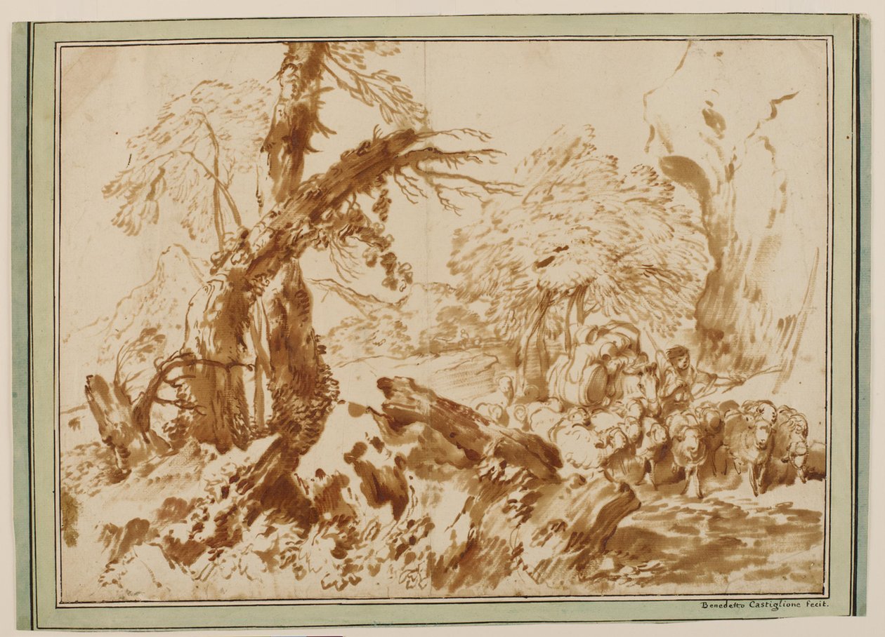 Landscape with a Flock of Sheep Driven by a Shepherd Leading a Packed Mule by Giovanni Benedetto Castiglione