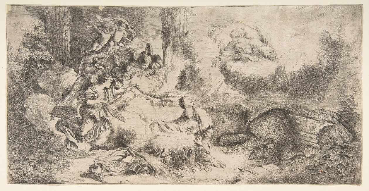 The Virgin and Child, God the Father Upper Right, Angels at Left by Giovanni Benedetto Castiglione