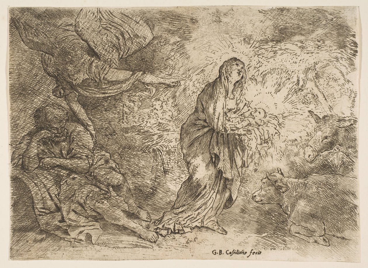 The angel awakening Joseph to the presence of the Virgin and Child by Giovanni Benedetto Castiglione