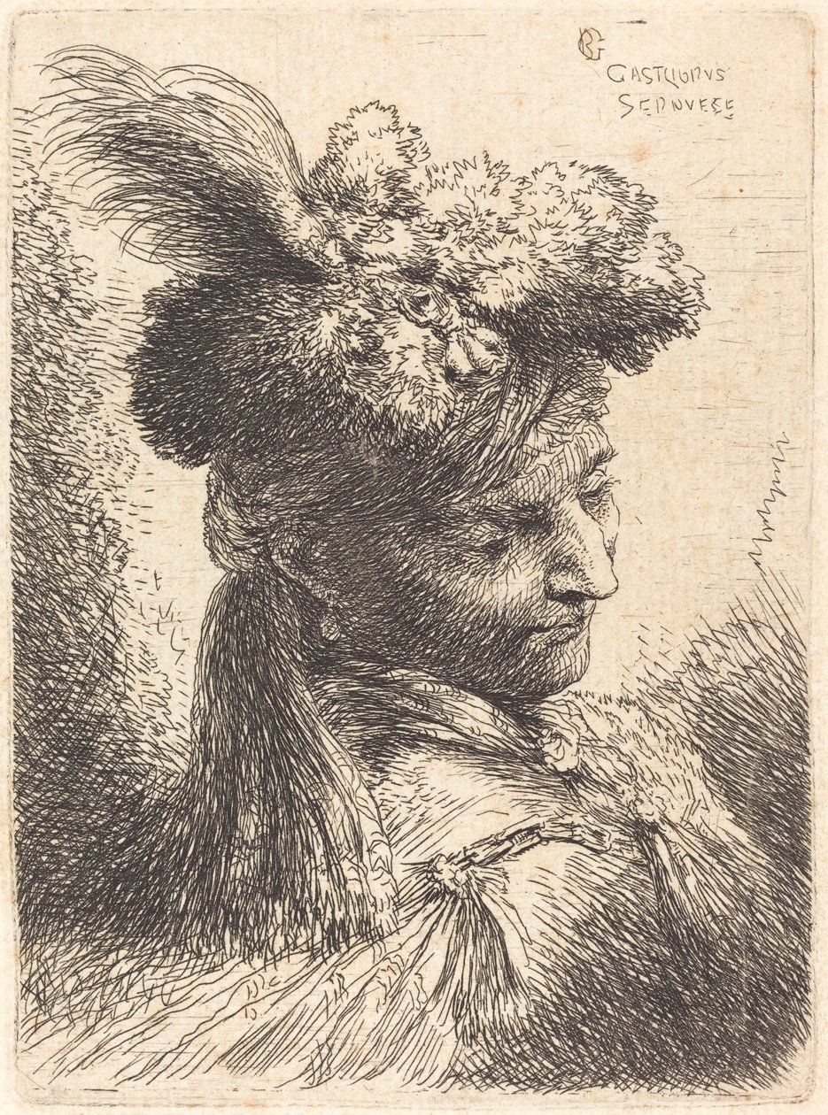 Young Man Wearing a Fur Headdress with a Headband, Facing Right by Giovanni Benedetto Castiglione