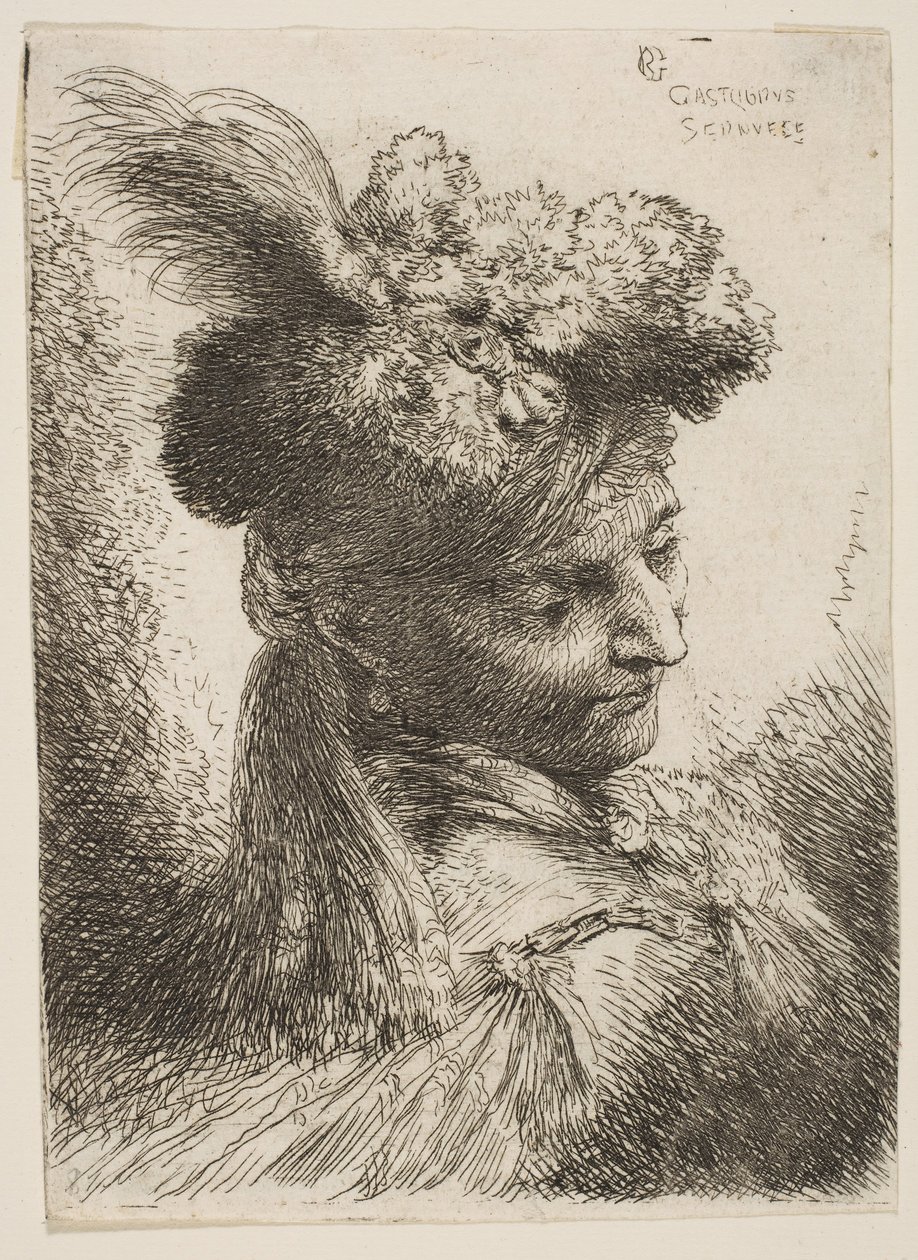 Young Man Facing Three Quarters Right Wearing a Fur Headdress with a Plume by Giovanni Benedetto Castiglione