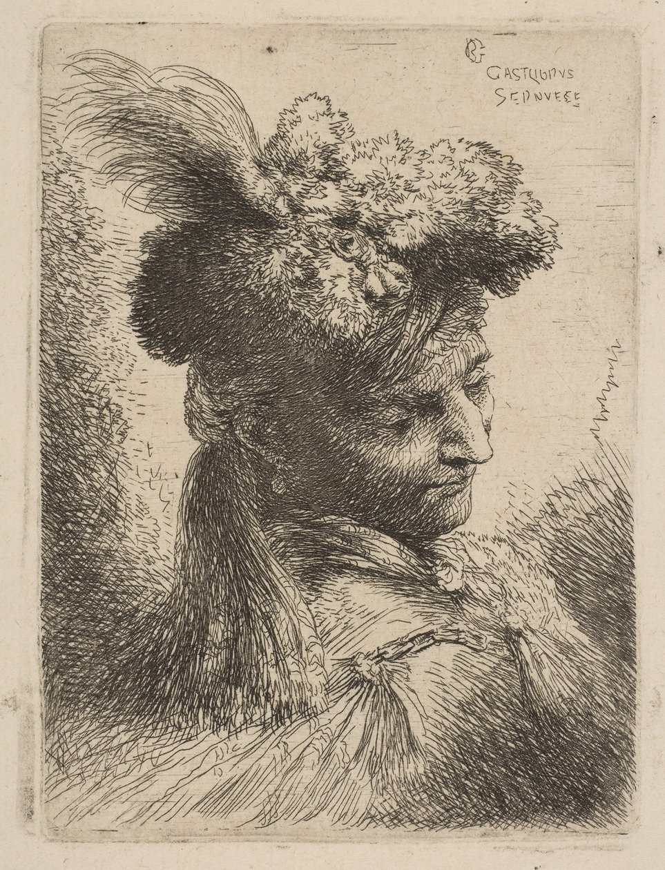 Young Man Facing Three Quarters Right Wearing a Fur Headdress with a Plume, Jewel by Giovanni Benedetto Castiglione