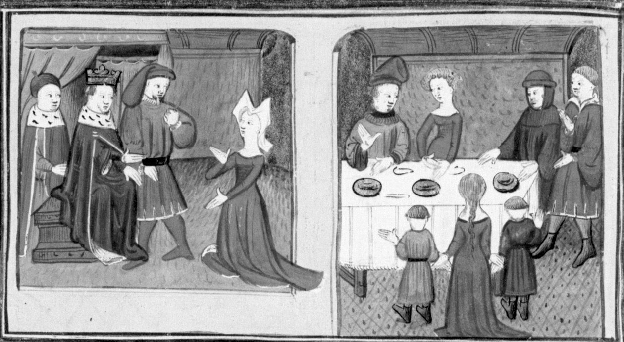 Decameron, Gilette asks the king to marry Beltramo di Rossiglione; Giletta presents her children to Beltramo. Third day, story 9 by Giovanni Boccaccio