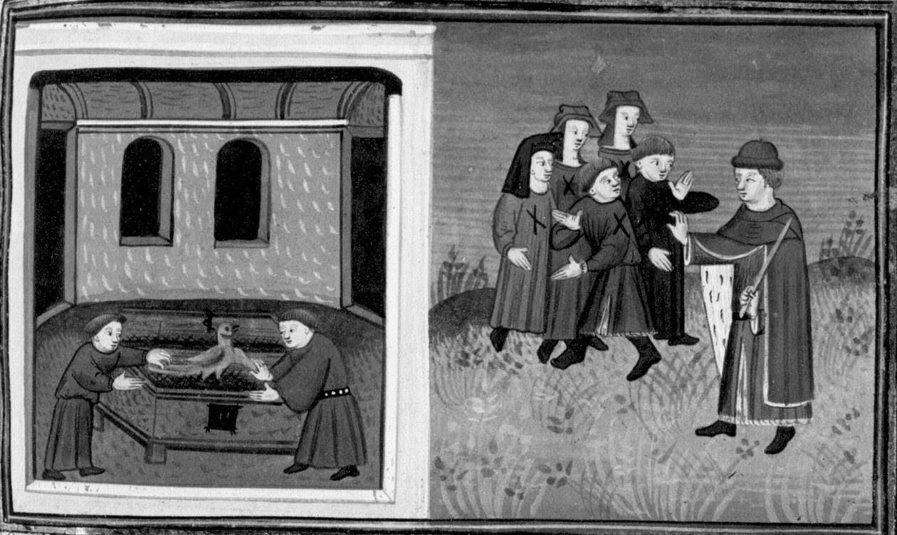 Decameron, Giovanni del Bragoniera and Biagio Pizzini steal the relic from Brother Ciboule; the brother marks the villagers
