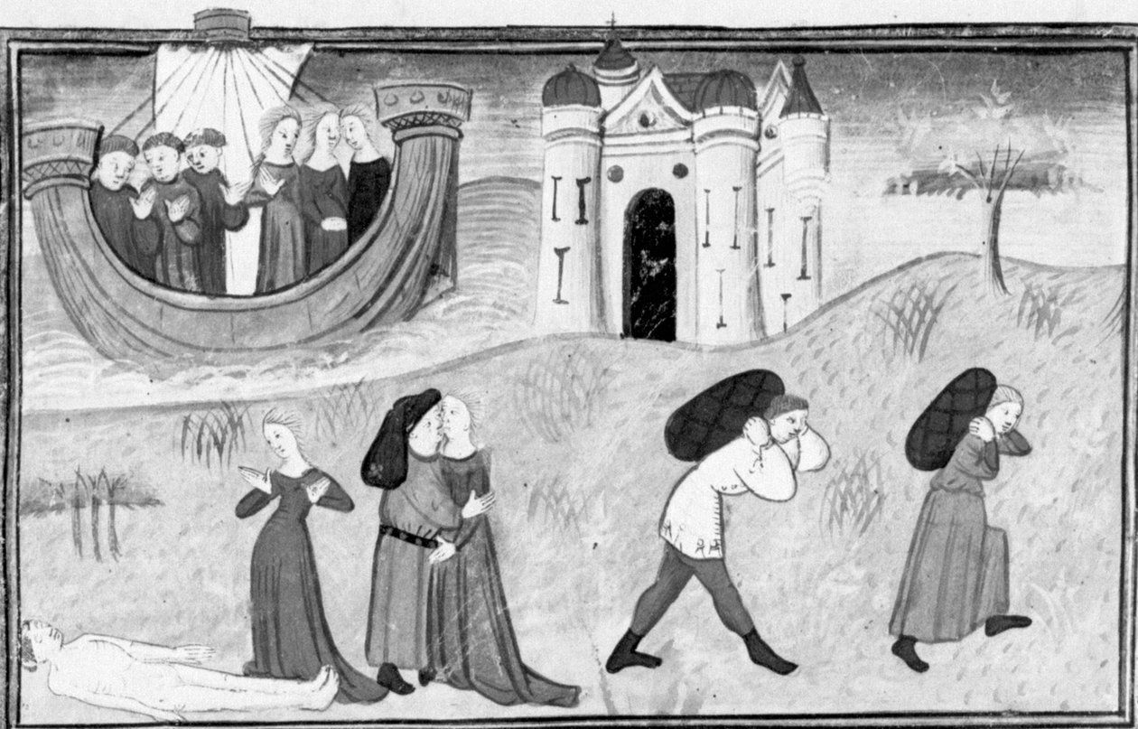 Decameron, Three couples travel to Crete; the misadventures of the three couples. Fourth day, story 3 by Giovanni Boccaccio