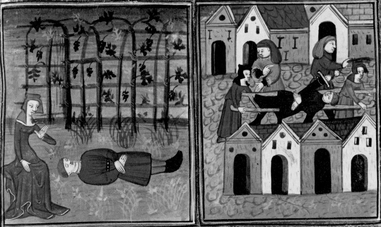 Decameron, Andreuola finds Gabriote dead; the podestà arrests Andreuola. Fourth day, story 6 by Giovanni Boccaccio