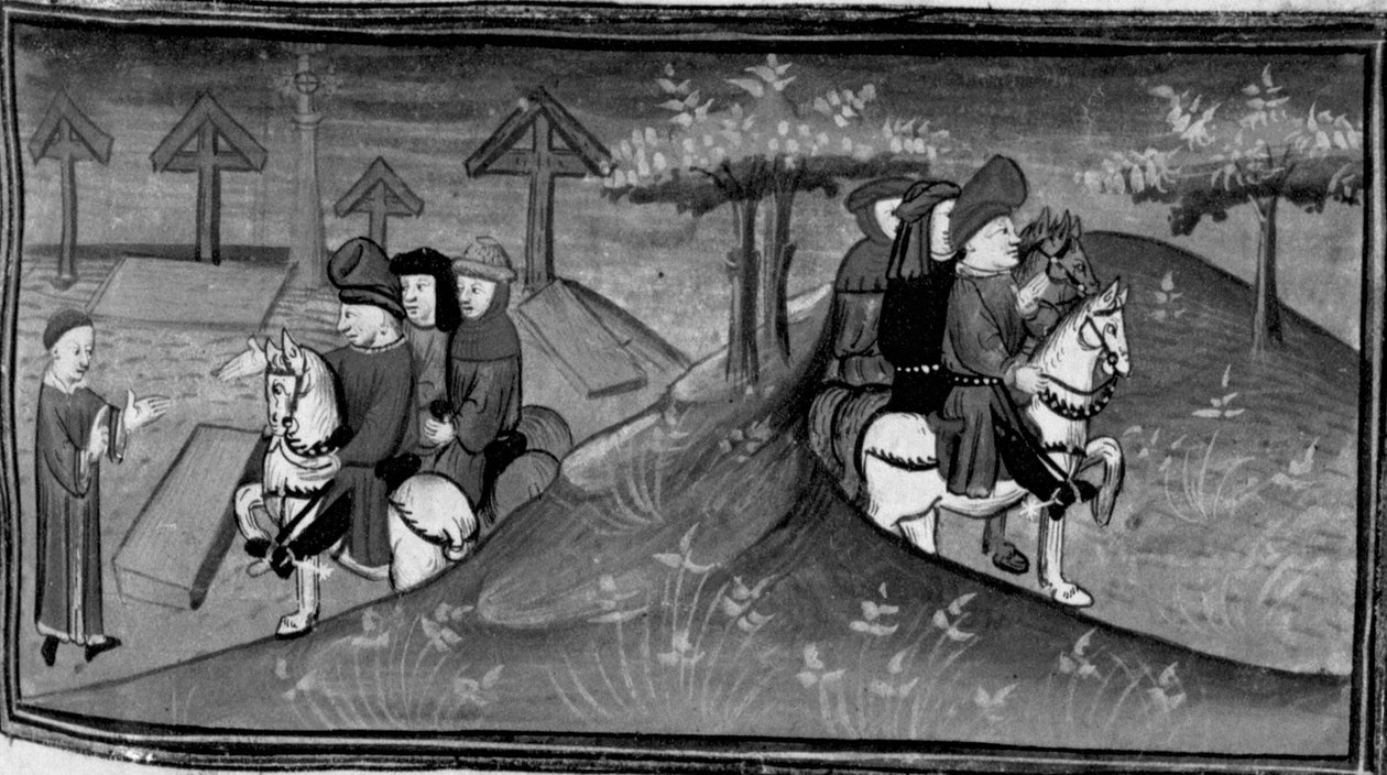 Decameron, Betto Brunelleschi and his brigade meet Guido Cavalcanti; Betto explains Guido