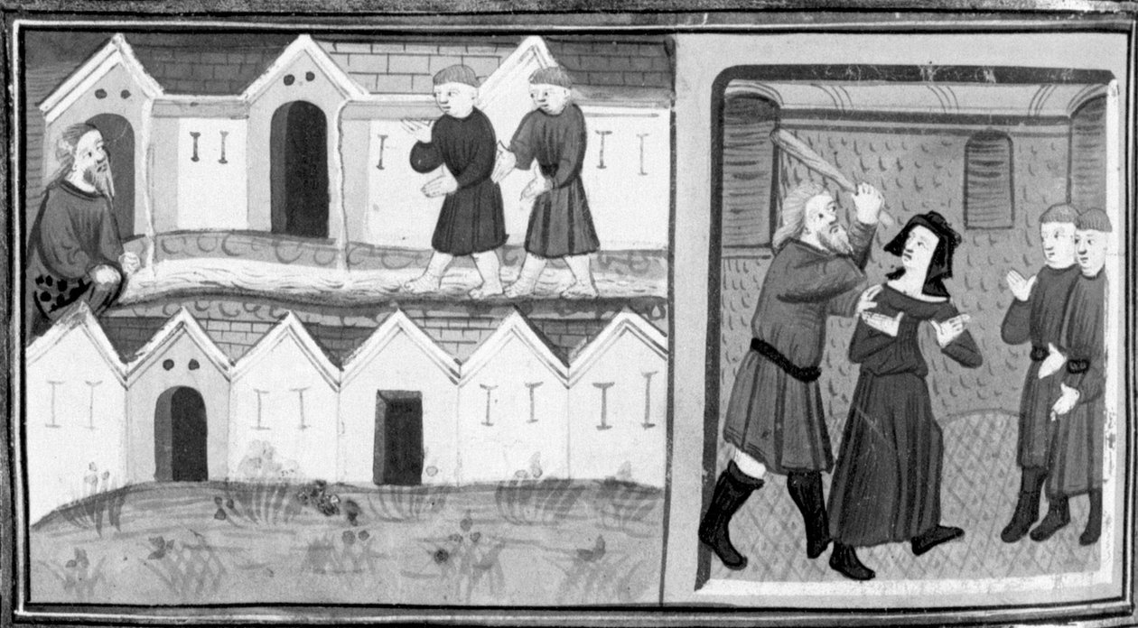 Decameron, Calandrino and his friends search for the heliotrope in the Mugnon; Calandrino beats his wife. Eighth day, story 1 by Giovanni Boccaccio