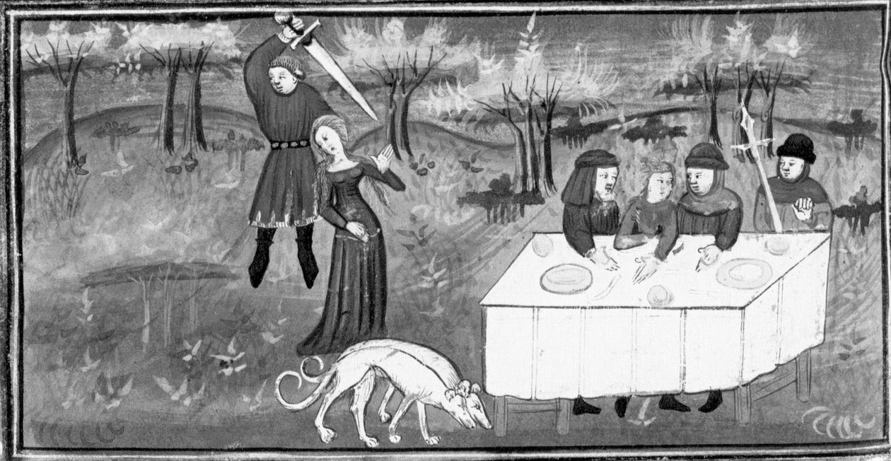 Decameron, Men at a banquet watch a knight attack a young girl. Fifth day, story 8 by Giovanni Boccaccio