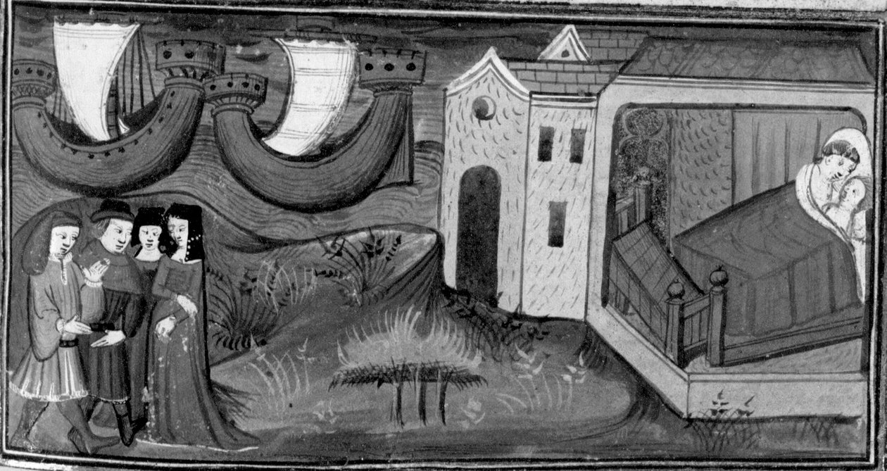 Decameron, Two noble couples are by the sea; Ricciardo sleeps with Catella. Third day, story 6 by Giovanni Boccaccio