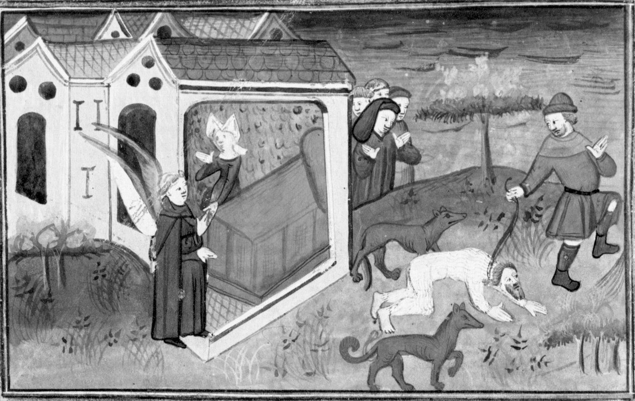 Decameron, Brother Alberto visits Lisetta; Alberto, dressed as a wild man, is led through the street. Fourth day, story 2 by Giovanni Boccaccio