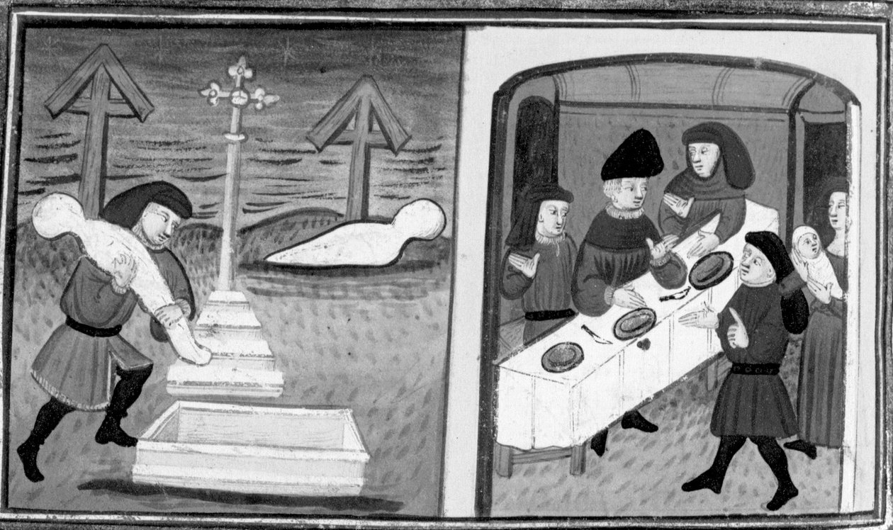 Decameron, Gentile Carisendi saves Catalina from the tomb; the man presents the woman and her son to the guests. Tenth day, story 4 by Giovanni Boccaccio