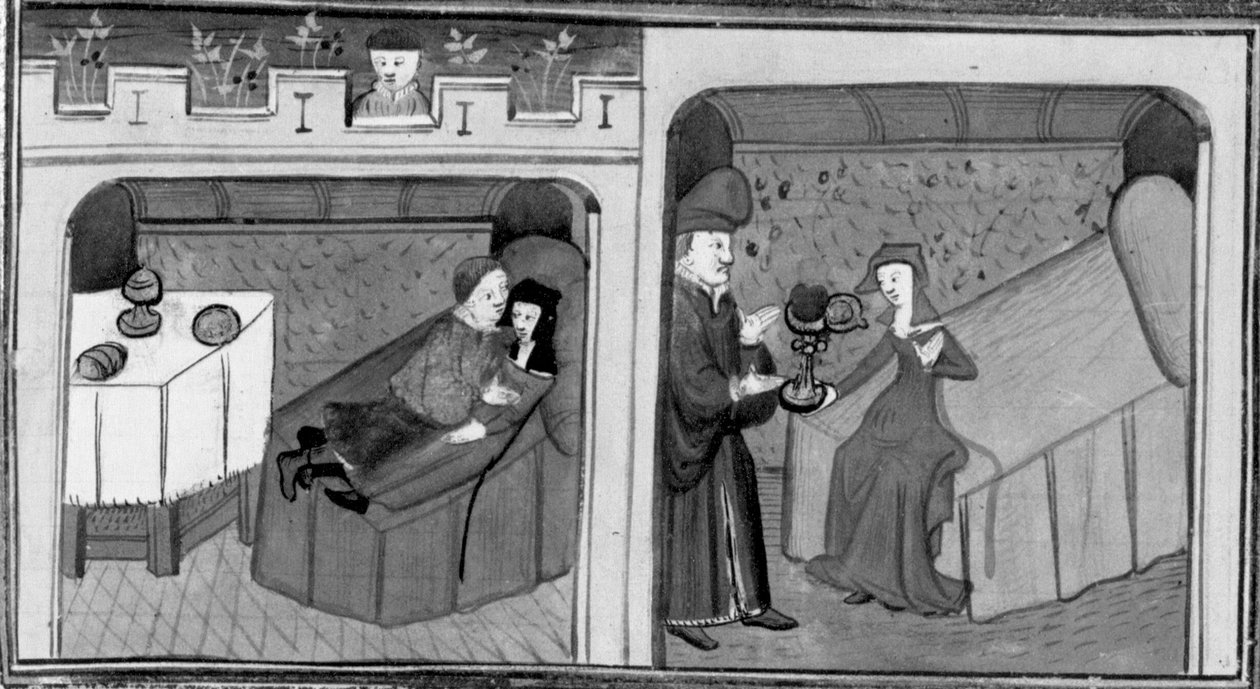 Decameron, Ghismonda sleeps with Guiscardo; Tancredi gives his daughter the heart of her beloved. Fourth day, story 1 by Giovanni Boccaccio