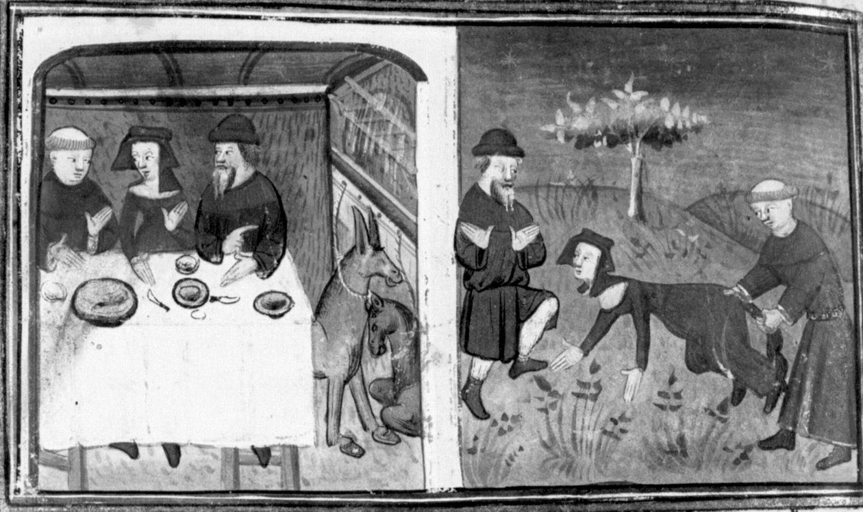 Decameron, Gianni di Barolo sits at the table with Pietro da Tresanti and his wife; Gianni tries to attach the tail to the woman. Ninth day, story 10 by Giovanni Boccaccio