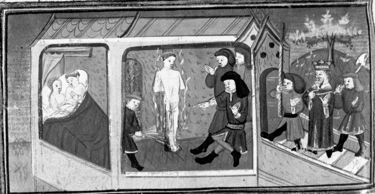 Decameron, Gianni di Procida and Restituta are discovered by King Frederick; Gianni di Procida is condemned to the stake. Fifth day, story 6 by Giovanni Boccaccio