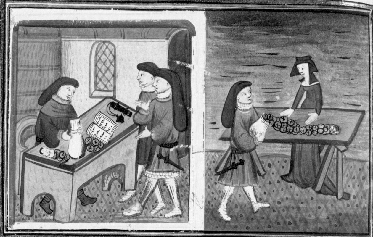 Decameron, Guasparruolo lends money to Gulfardo; Gulfardo gives the money to Ambrogia. Eighth day, story 1 by Giovanni Boccaccio
