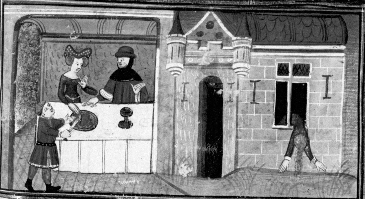 Decameron, Guilielmo Rossiglione serves his wife the heart of Guardastagno; the wife throws herself out the window. Fourth day, story 9 by Giovanni Boccaccio