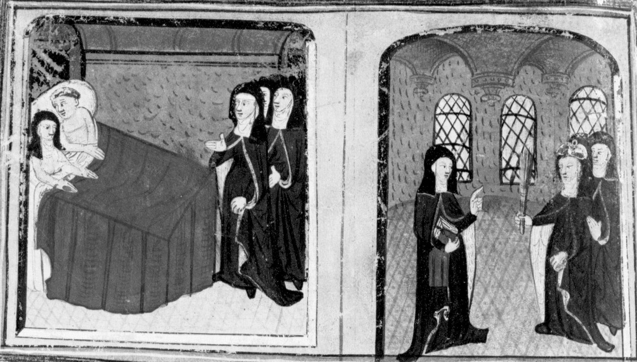 Decameron, Nun Isabelle is surprised in bed with a lover; the abbess scolds Isabelle. Ninth day, story 2 by Giovanni Boccaccio