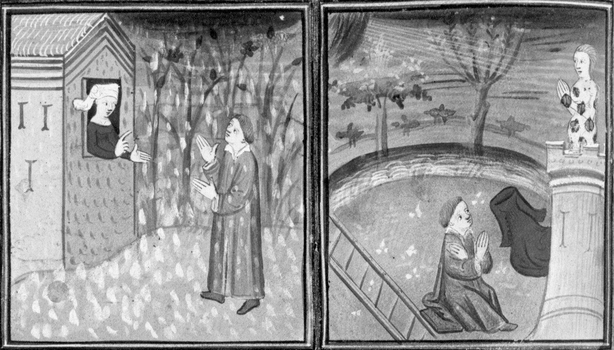 Decameron, Widow Elena locks Rinieri out of the house; the man leaves the woman naked at the top of a tower. Eighth day, story 7 by Giovanni Boccaccio