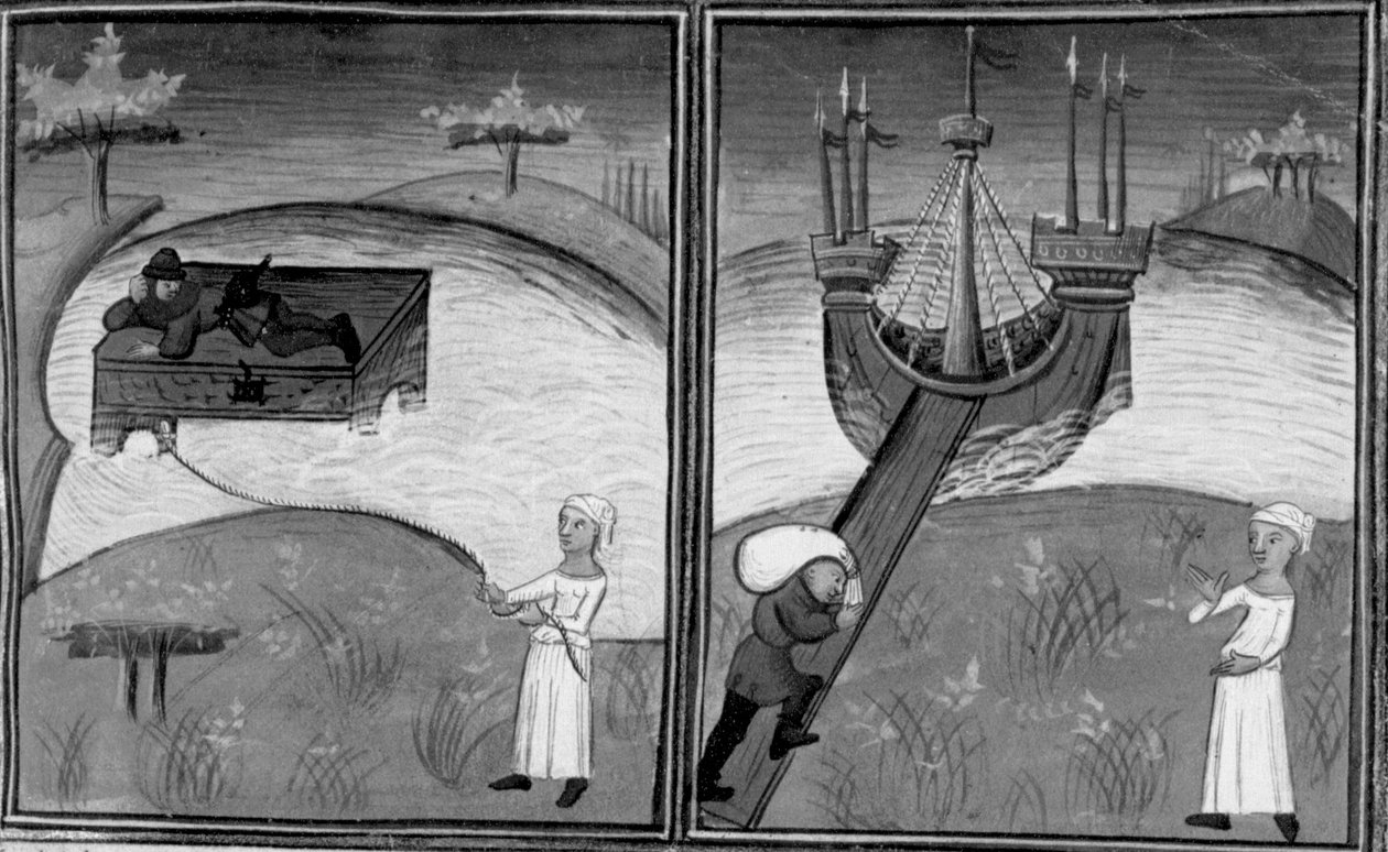 Decameron, Landolfo Rufolo is saved by a woman; Landolfo returns home. Second day, story 4 by Giovanni Boccaccio