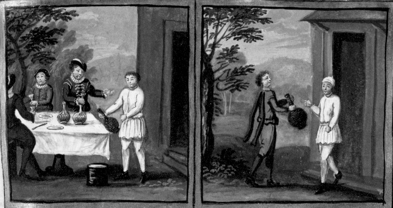 Decameron, Baker Cisti offers wine to Geri Spina and his guests; a servant of Geri goes to Cisti to ask for wine. Sixth day, story 2 by Giovanni Boccaccio