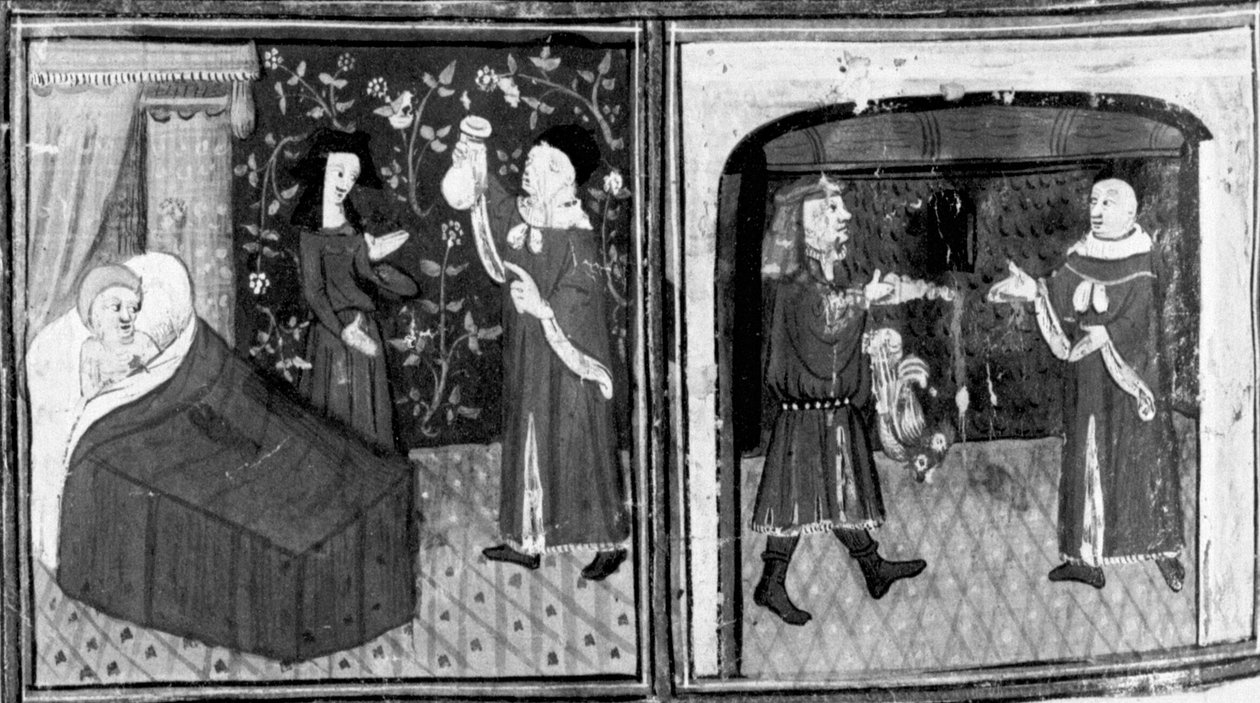 Decameron, Doctor Simone gives the infusion to Calandrino; Calandrino pays the doctor. Ninth day, story 3 by Giovanni Boccaccio