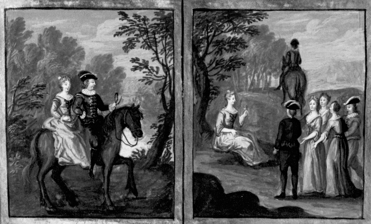 Decameron, Madame Oretta agrees to ride a horse with a knight; Oretta dismounts. Sixth day, story 1 by Giovanni Boccaccio