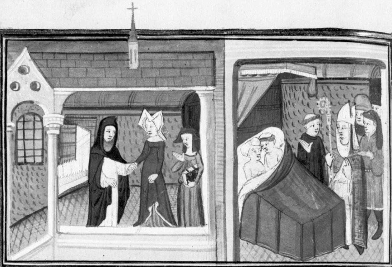 Decameron, Madame Piccarda visits the priest of Fiesole; the priest is surprised by the bishop in bed with the maid. Eighth day, story 4 by Giovanni Boccaccio