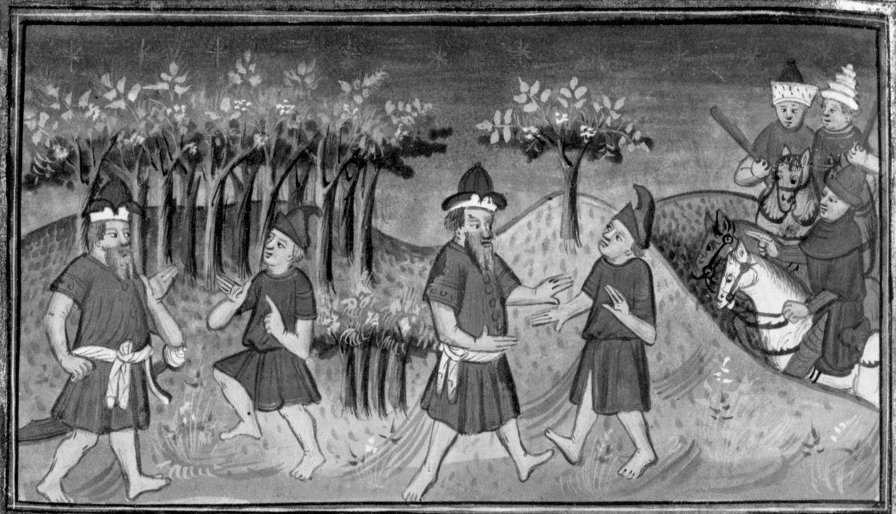Decameron, Mitridanes meets Nathan in the forest; the two men reconcile. Tenth day, story 1 by Giovanni Boccaccio