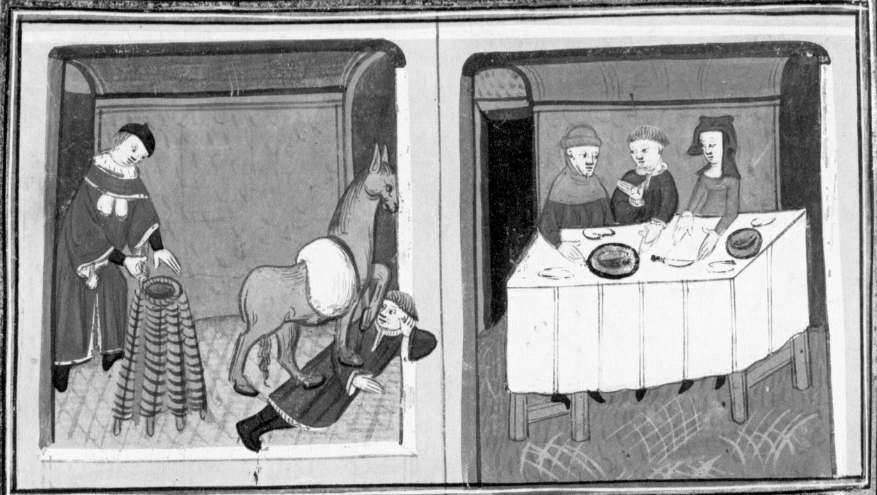 Decameron, Pierre de Vinciolo discovers the lover in the stable; Pierre de Vinciolo sits at the table with his wife and her lover. Fifth day, story 10 by Giovanni Boccaccio