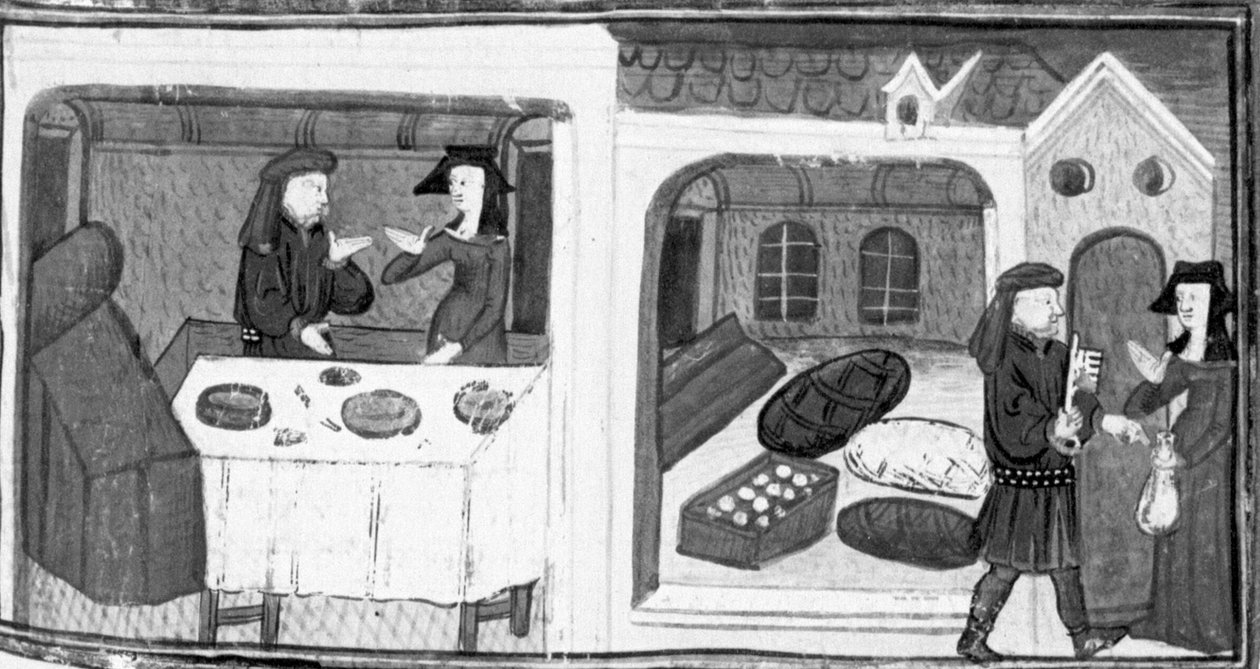 Decameron, Salabaetto sits at the table with Iancofiore; Salabaetto receives the key to the warehouse. Eighth day, story 10 by Giovanni Boccaccio
