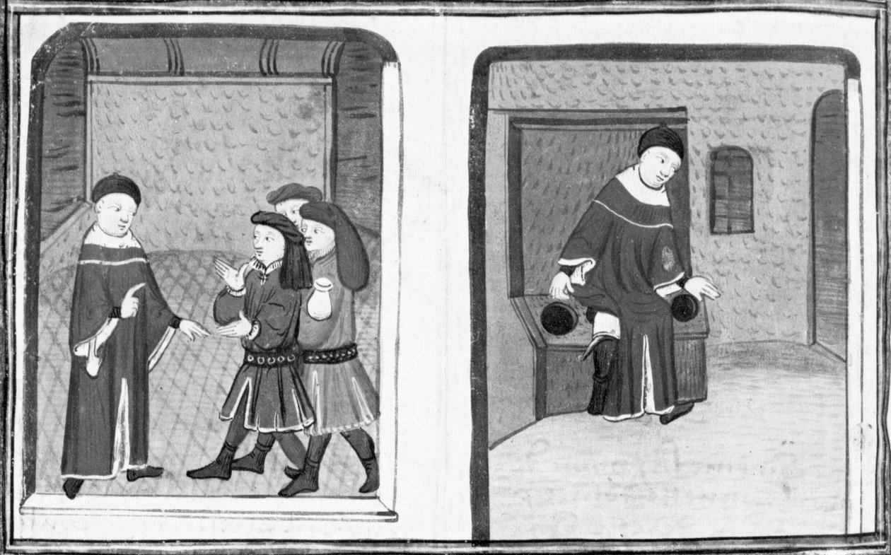 Decameron, Simone da Villa talks with Bruno and Buffalmacco; the master falls into a latrine. Eighth day, story 9 by Giovanni Boccaccio