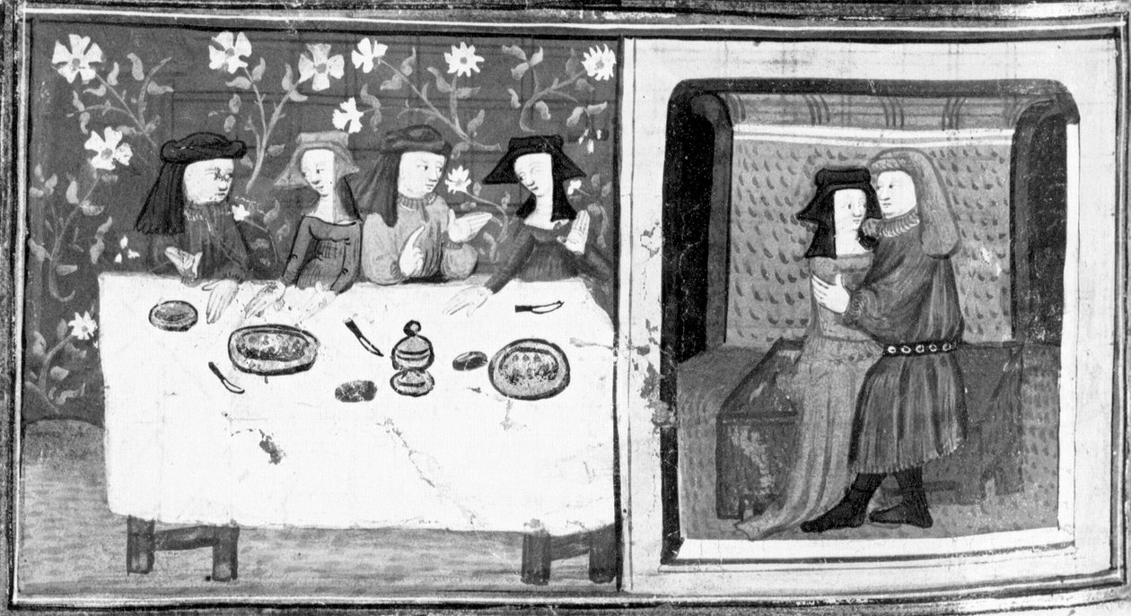 Decameron, Spinelloccio and Zeppa sit at the table with their wives; Zeppa kisses Spinelloccio