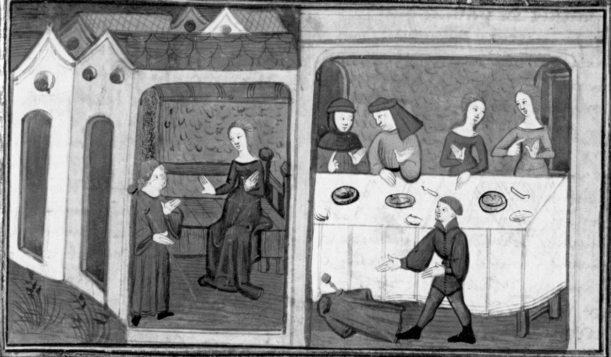 Decameron, Tedaldo talks with Ermeline; Tedaldo reveals his identity. Third day, story 7 by Giovanni Boccaccio