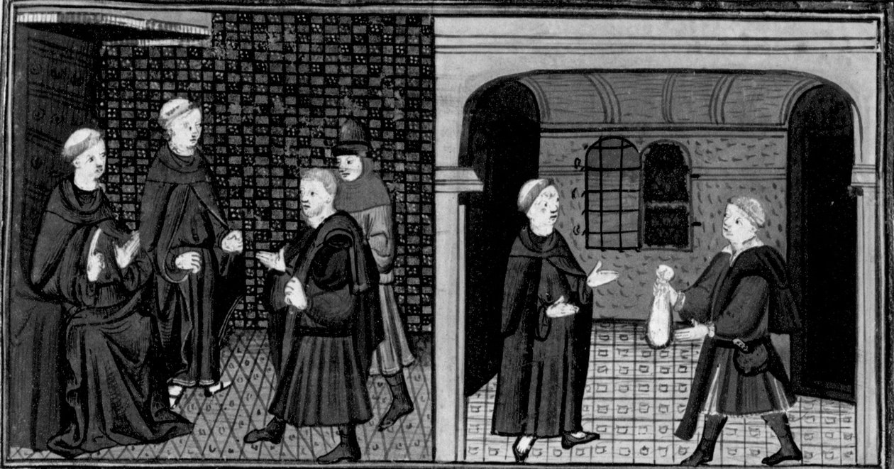 Decameron, An Inquisitor Interrogates a Man; The Man Gives Money to the Inquisitor. First Day, Story 6 by Giovanni Boccaccio