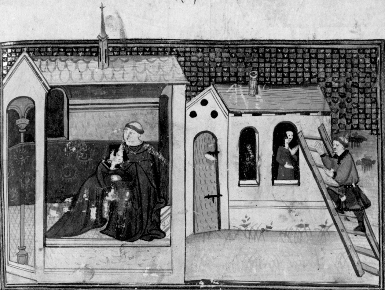 Decameron, A woman goes to church to confess; a young man visits the woman. Third day, story 3 by Giovanni Boccaccio