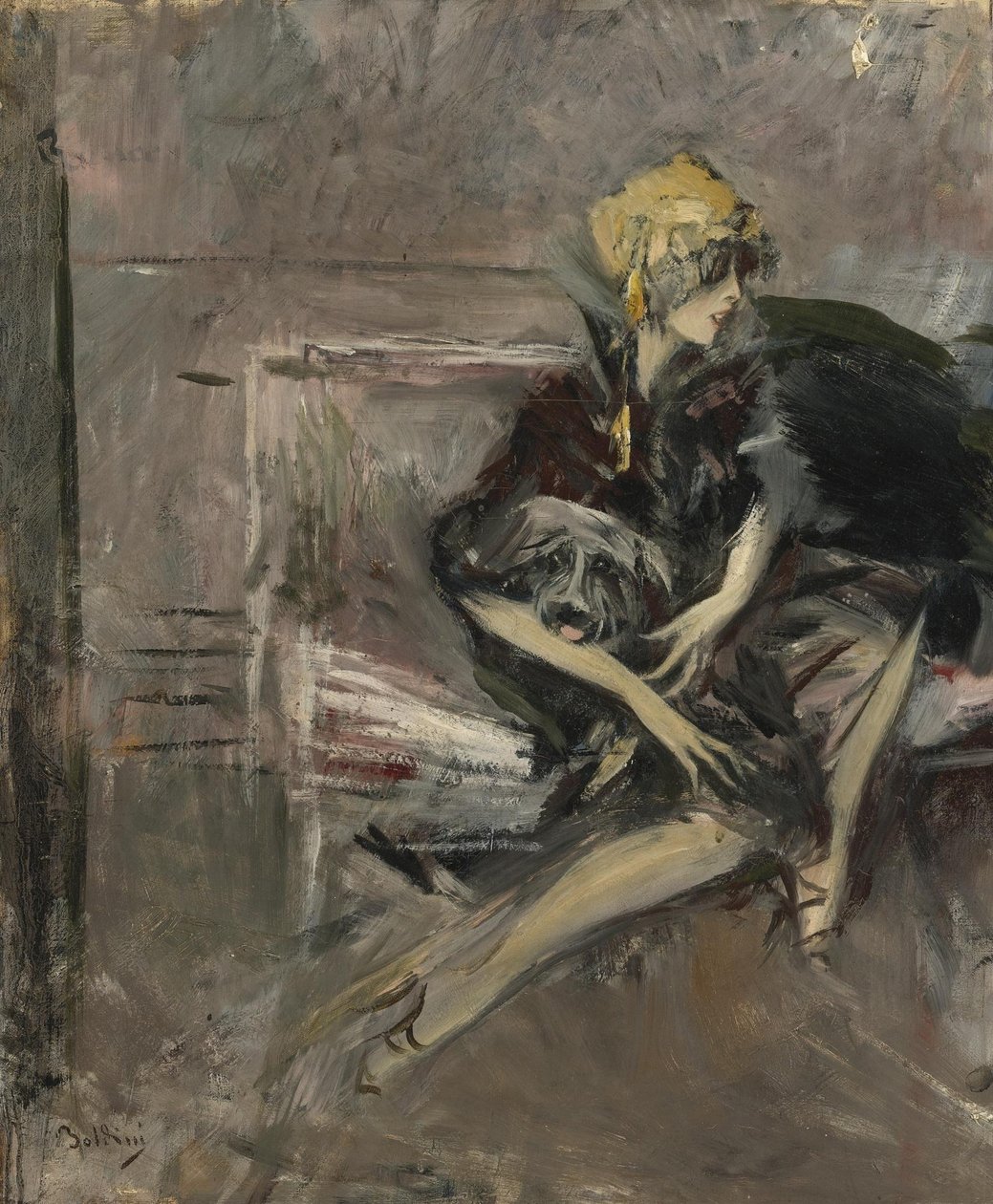 Lady in a Yellow Hat with Her Dog, Marchesa Casati by Giovanni Boldini
