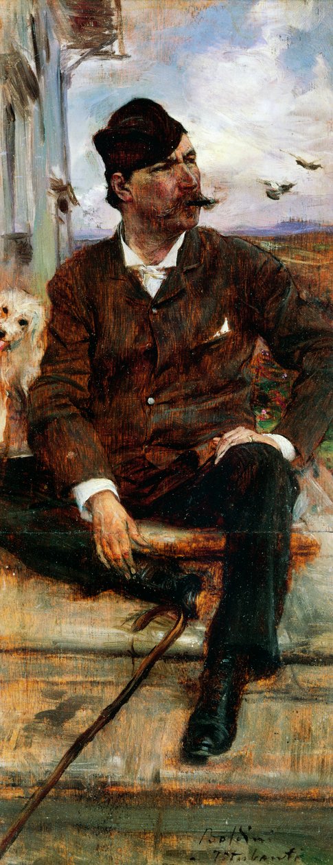 Portrait of the painter Cristiano Banti wearing a plaid hat by Giovanni Boldini