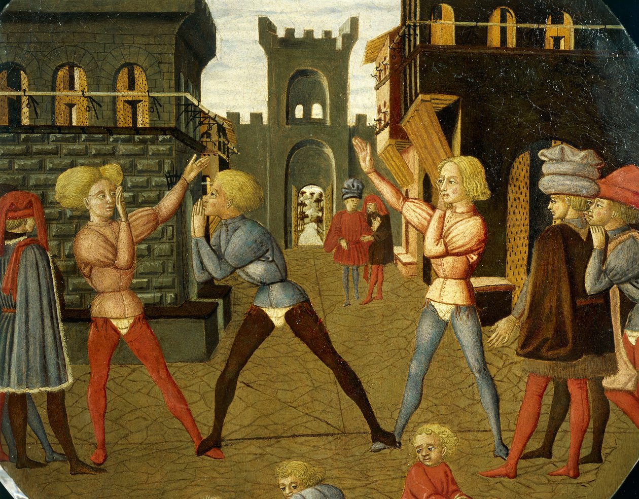 Game called civettino, detail from front of birth tray (round painting), circa 1450 by Giovanni Di Ser Giovanni Lo Scheggia Guidi