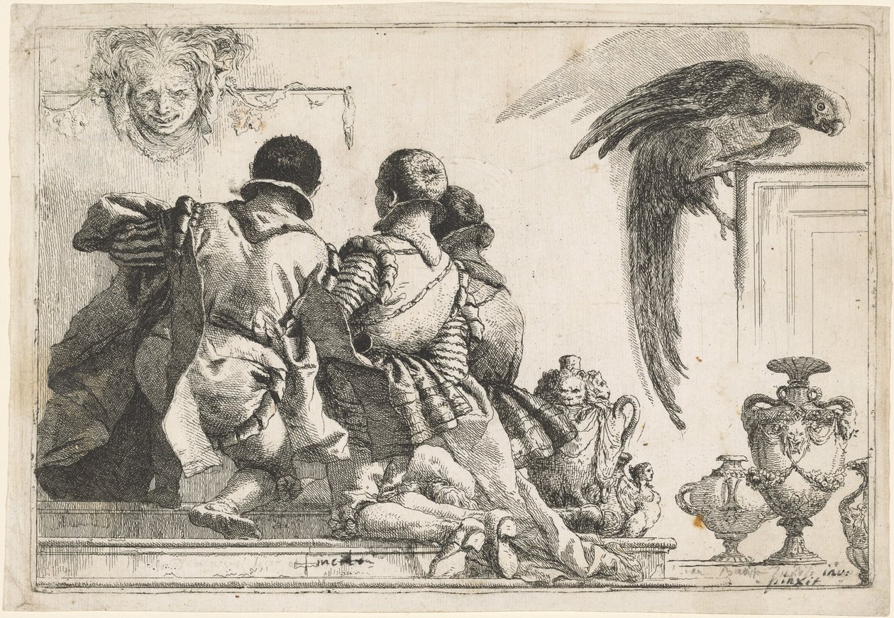 Kneeling Pages, a Mask, and a Parrot by Giovanni Domenico Tiepolo