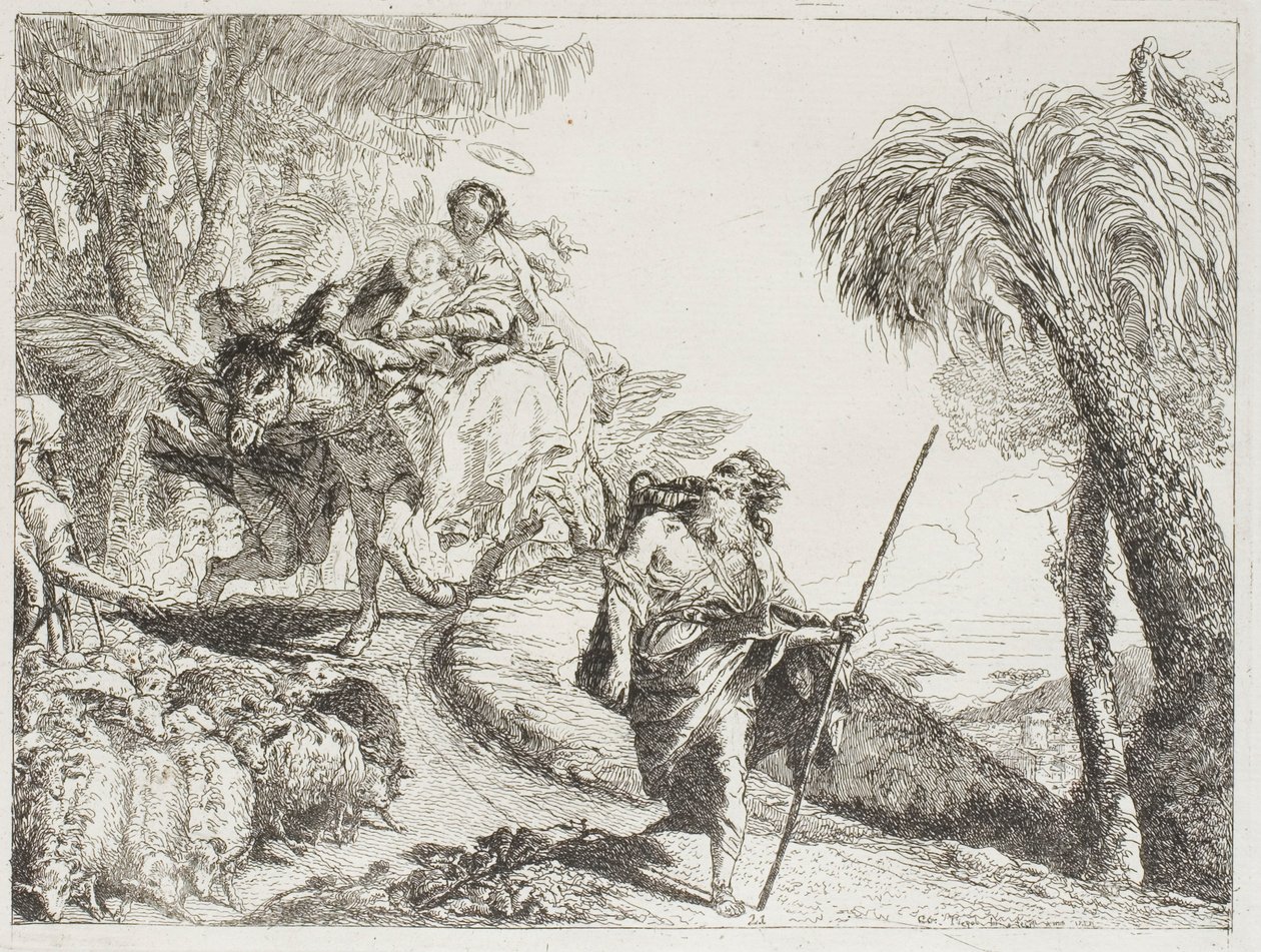 The Holy Family Descending a Forest Path, Near a Flock and Some Shepherds (plate 21 from The Flight into Egypt) by Giovanni Domenico Tiepolo