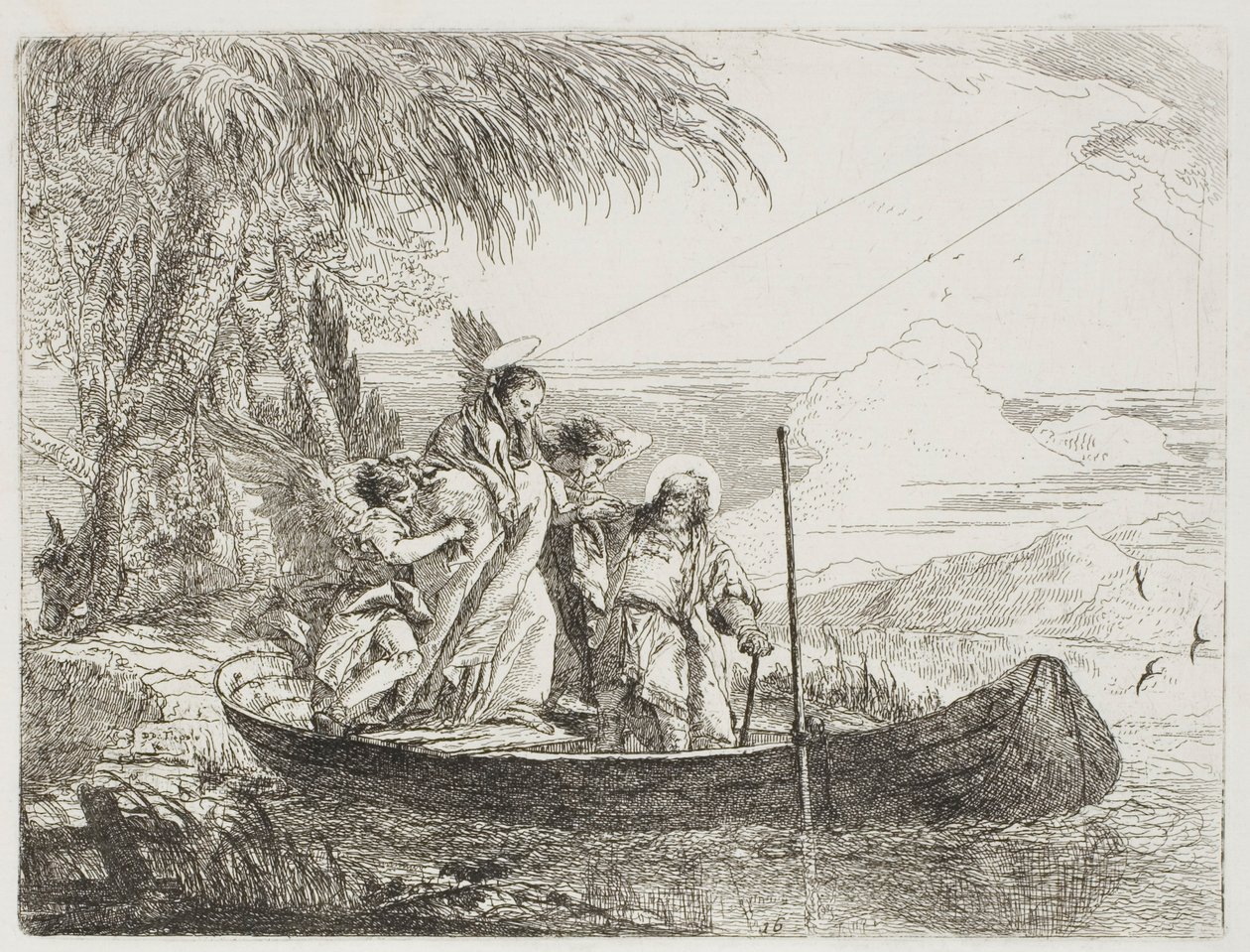 The Holy Family Entering the Boat with the Help of the Angels (plate sixteen from The Flight into Egypt) by Giovanni Domenico Tiepolo